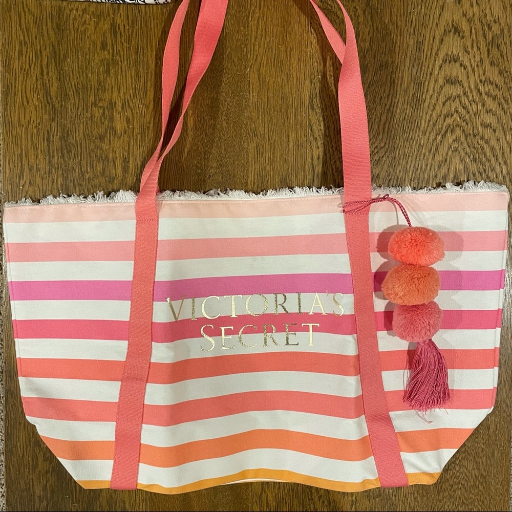 Victoria’s Secret Canvas Pink Stripe Pom Pom Bag Weekender Tote